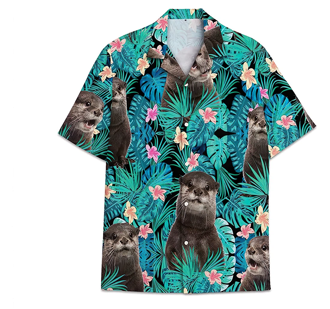 Personalized Otter Pattern Short Tall Womensmall Hawaiian Shirt, Button Up Aloha Shirt For Men, Women