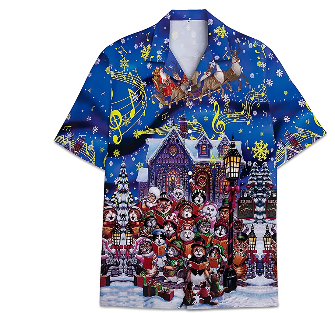 Personalized Christmas Carols Cat Pattern Short Tall Womensmall Hawaiian Shirt, Button Up Aloha Shirt For Men, Women