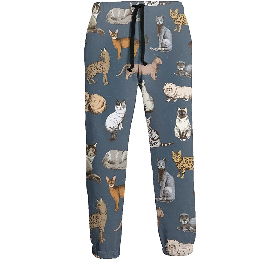 Personalized Hand Drawn Various Breed Cats Graphric Casual Sweatpants, Joggers Pants With Drawstring For Men, Women