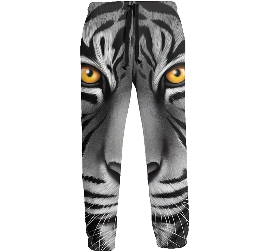 White Tiger Face Graphric Casual Sweatpants, Joggers Pants With Drawstring For Men, Women
