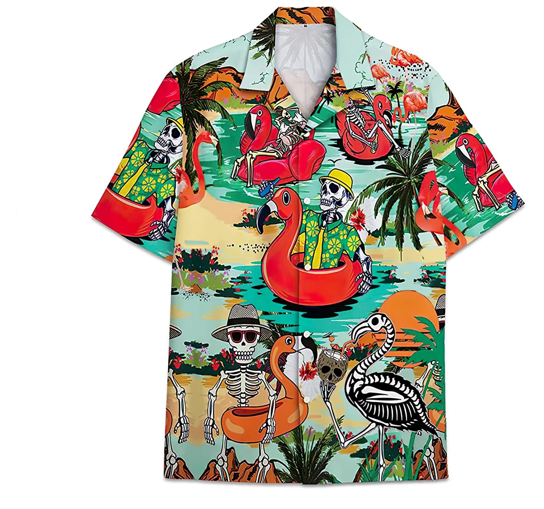 Flamingo Skull Pattern Short Tall Womensmall Hawaiian Shirt, Button Up Aloha Shirt For Men, Women
