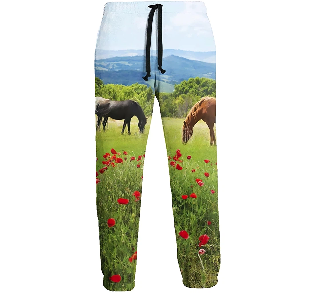 Personalized Horse Pasture Red Flowers Athletic Running Workout Pant Sweatpants, Joggers Pants With Drawstring For Men, Women