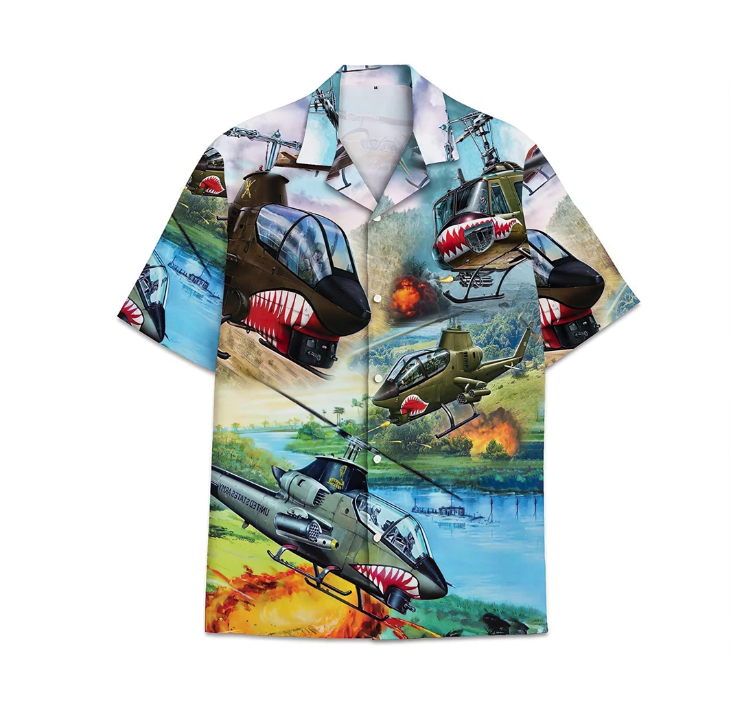 Helicopter War Pattern Short Tall Womensmall Hawaiian Shirt, Button Up Aloha Shirt For Men, Women