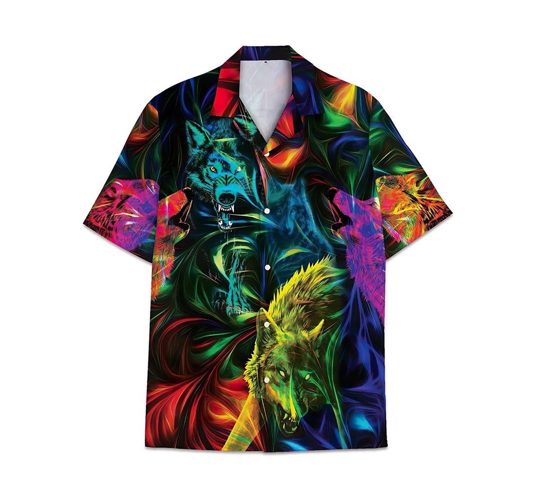 Colorful Wolf Pattern Short Tall Womensmall Hawaiian Shirt, Button Up Aloha Shirt For Men, Women
