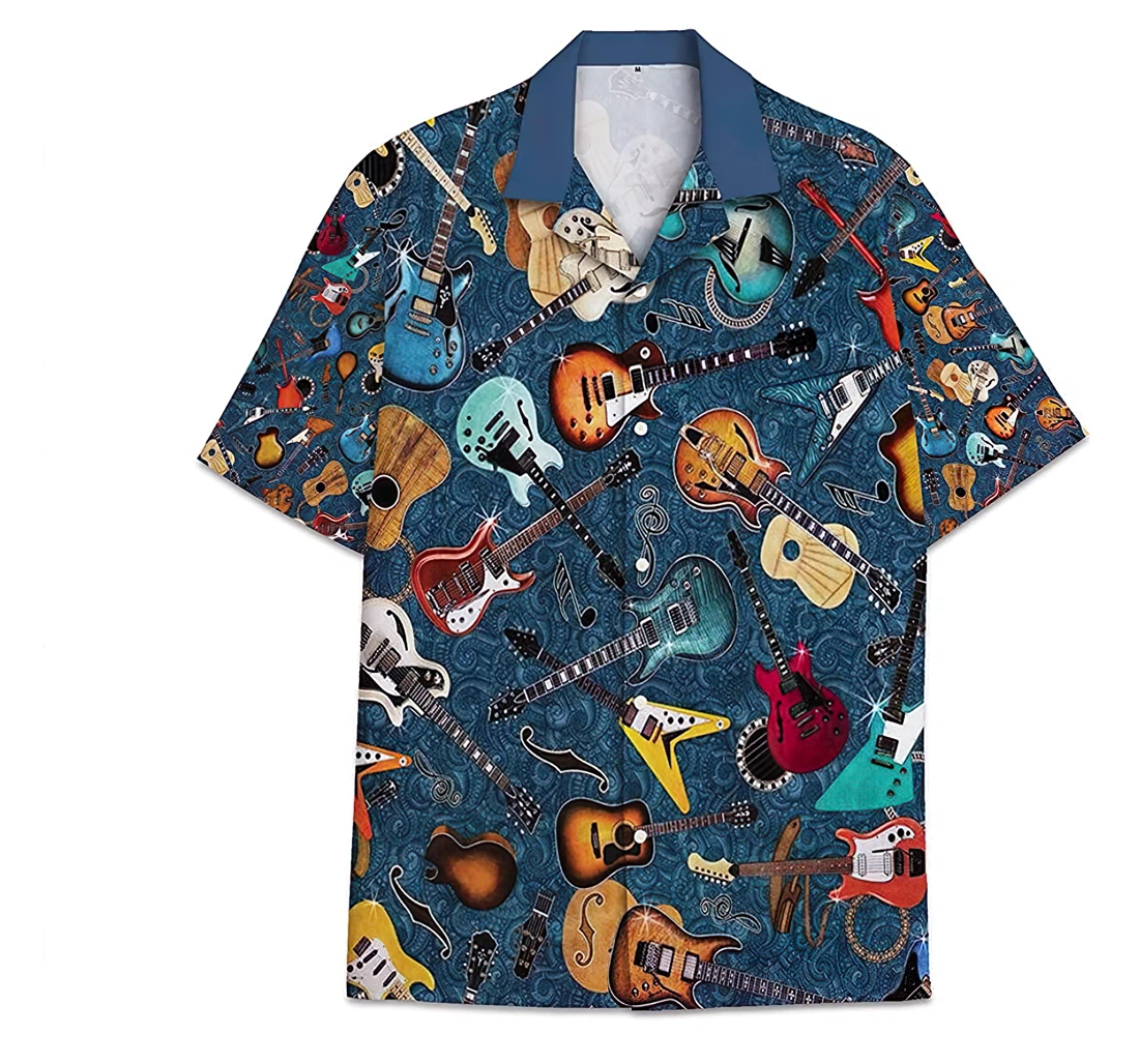 Guitar Pattern Short Tall Womensmall Hawaiian Shirt, Button Up Aloha Shirt For Men, Women