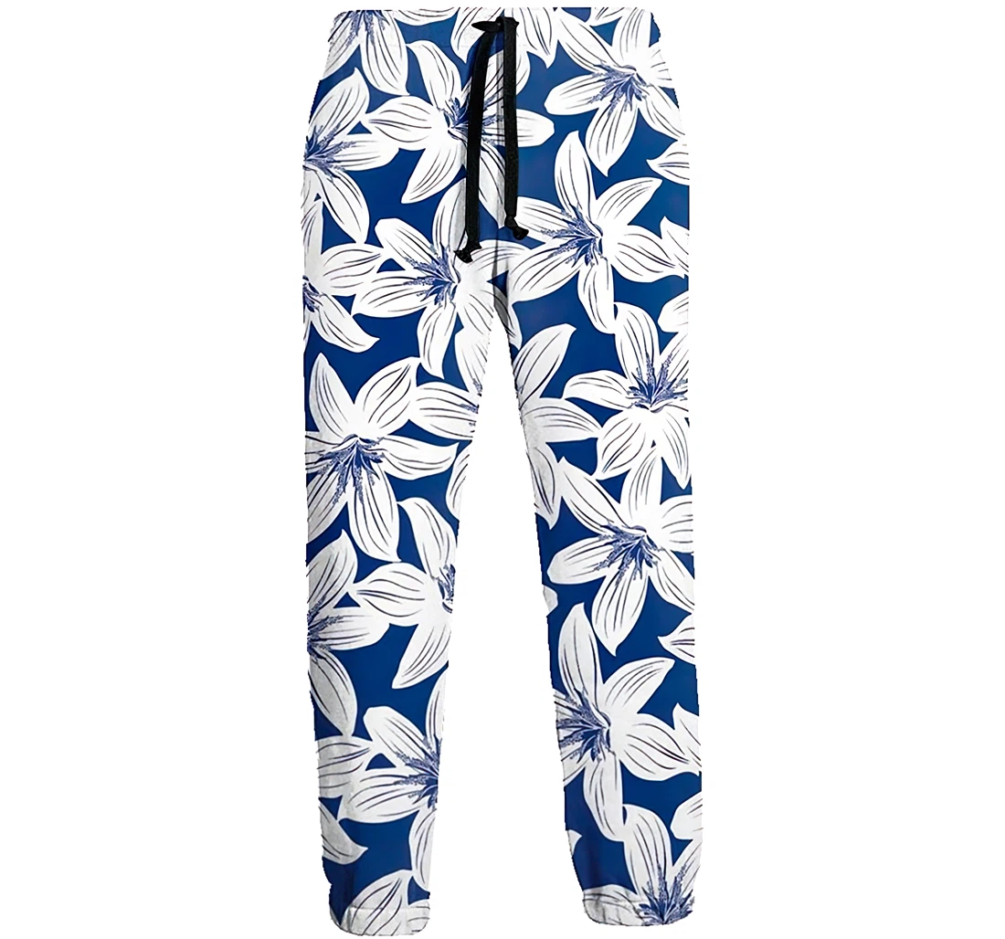 Personalized Active Sweats White Flowers Blue Running Casual For Sweatpants, Joggers Pants With Drawstring For Men, Women