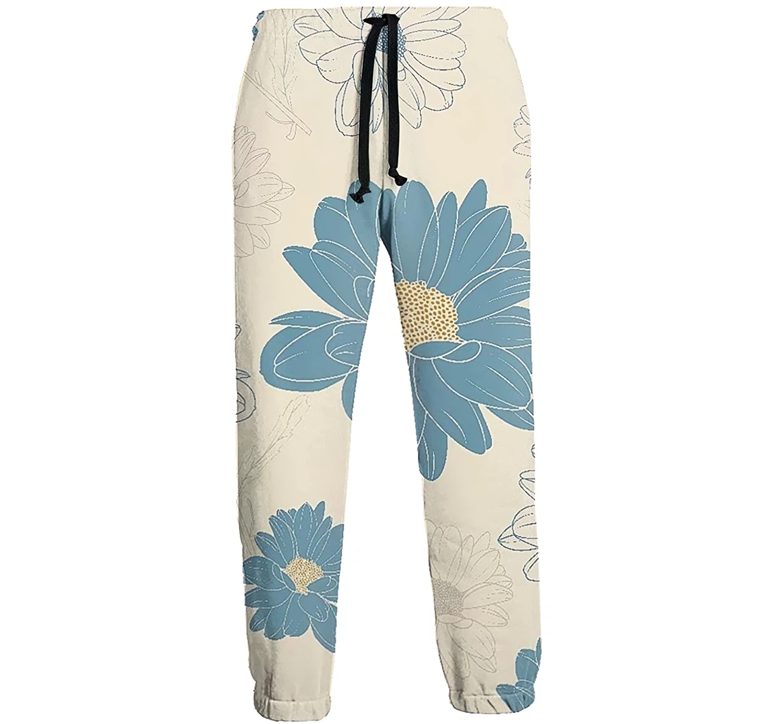 Personalized Blue White Daisy Athletic Running Workout Pant Sweatpants, Joggers Pants With Drawstring For Men, Women