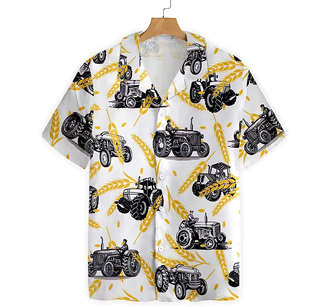 Personalized Tractors On Wheat Pattern Summer Clothes Hawaiian Shirt, Button Up Aloha Shirt For Men, Women