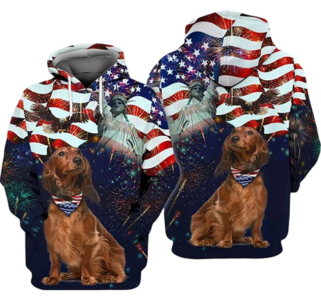 Personalized Brown Dachshund Fireworks Independence Day Us Flag Eagle And Liberty Included - 3D Printed Pullover Hoodie