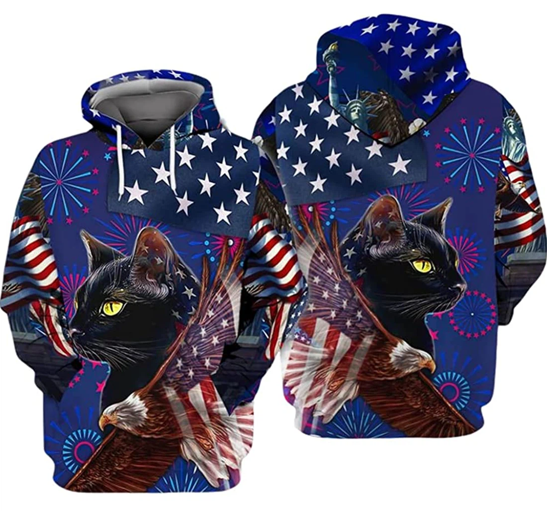 Personalized Independence Day American Cat Us Flag Eagle And Firework Art Included - 3D Printed Pullover Hoodie