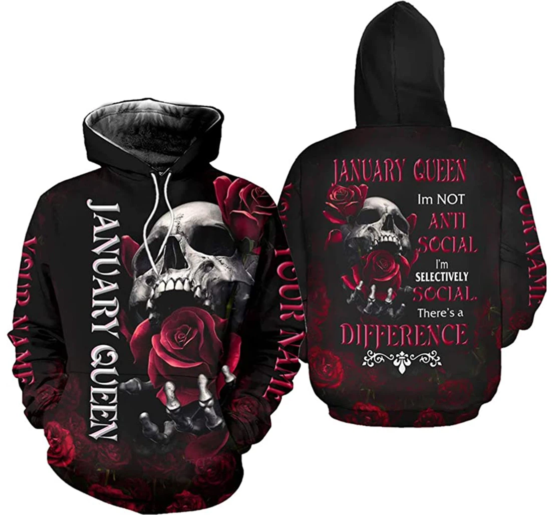 Personalized Name January Girl Skull And Roses I'm Not Anti Social There's A Difference - 3D Printed Pullover Hoodie