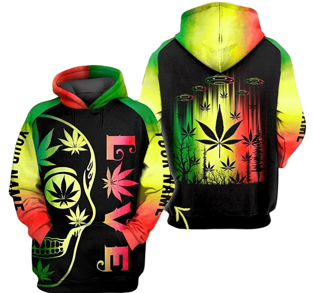 Personalized Name Skull Love Weed Ufo Colorful Pattern - 3D Printed Pullover Hoodie