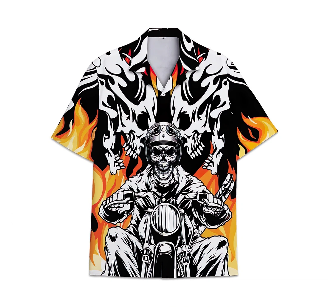Personalized Motorbike Skull Fire Pattern Short Tall Womensmall Hawaiian Shirt, Button Up Aloha Shirt For Men, Women