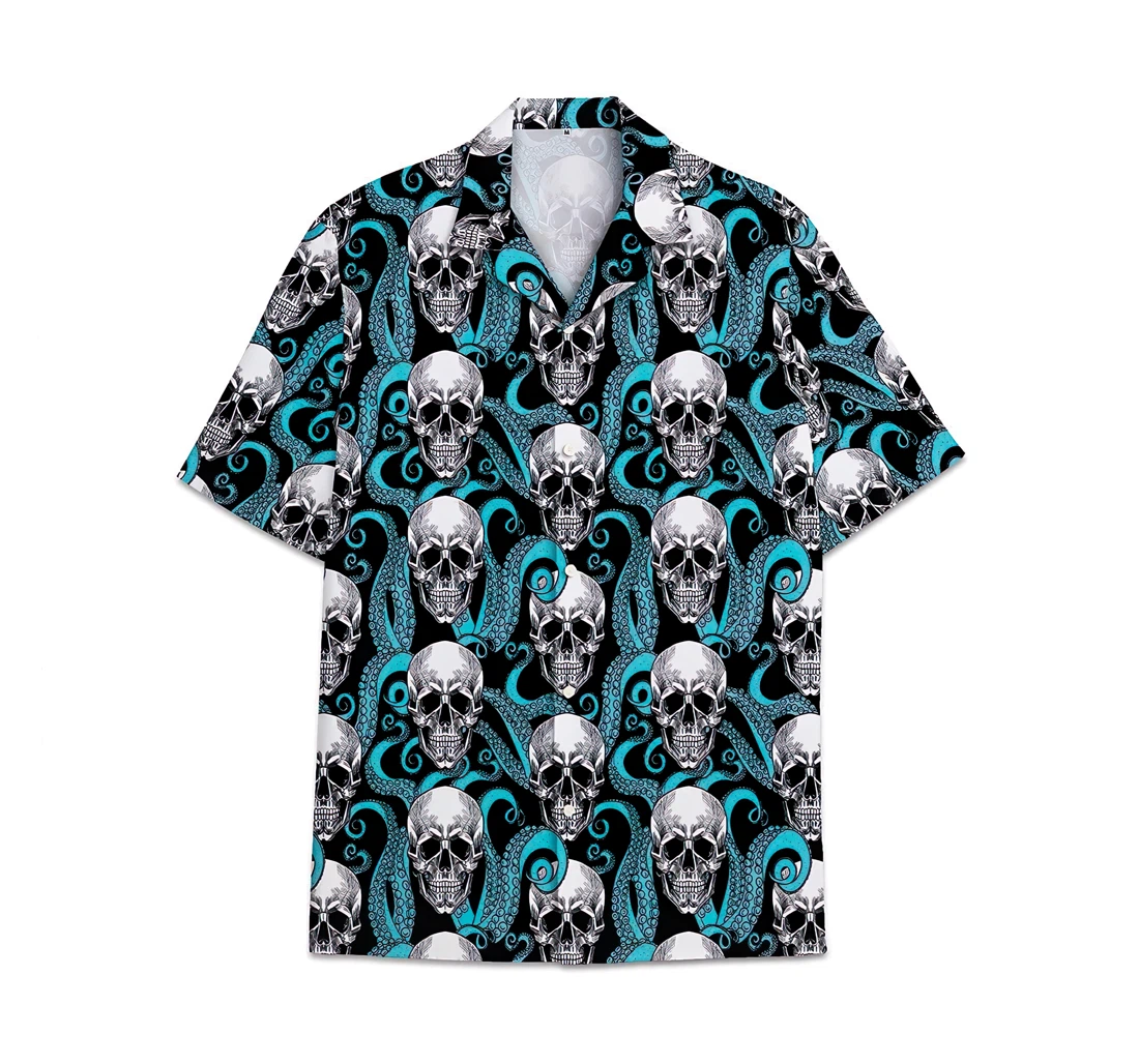 Personalized Skull Blue Pattern Short Tall Womensmall Hawaiian Shirt, Button Up Aloha Shirt For Men, Women