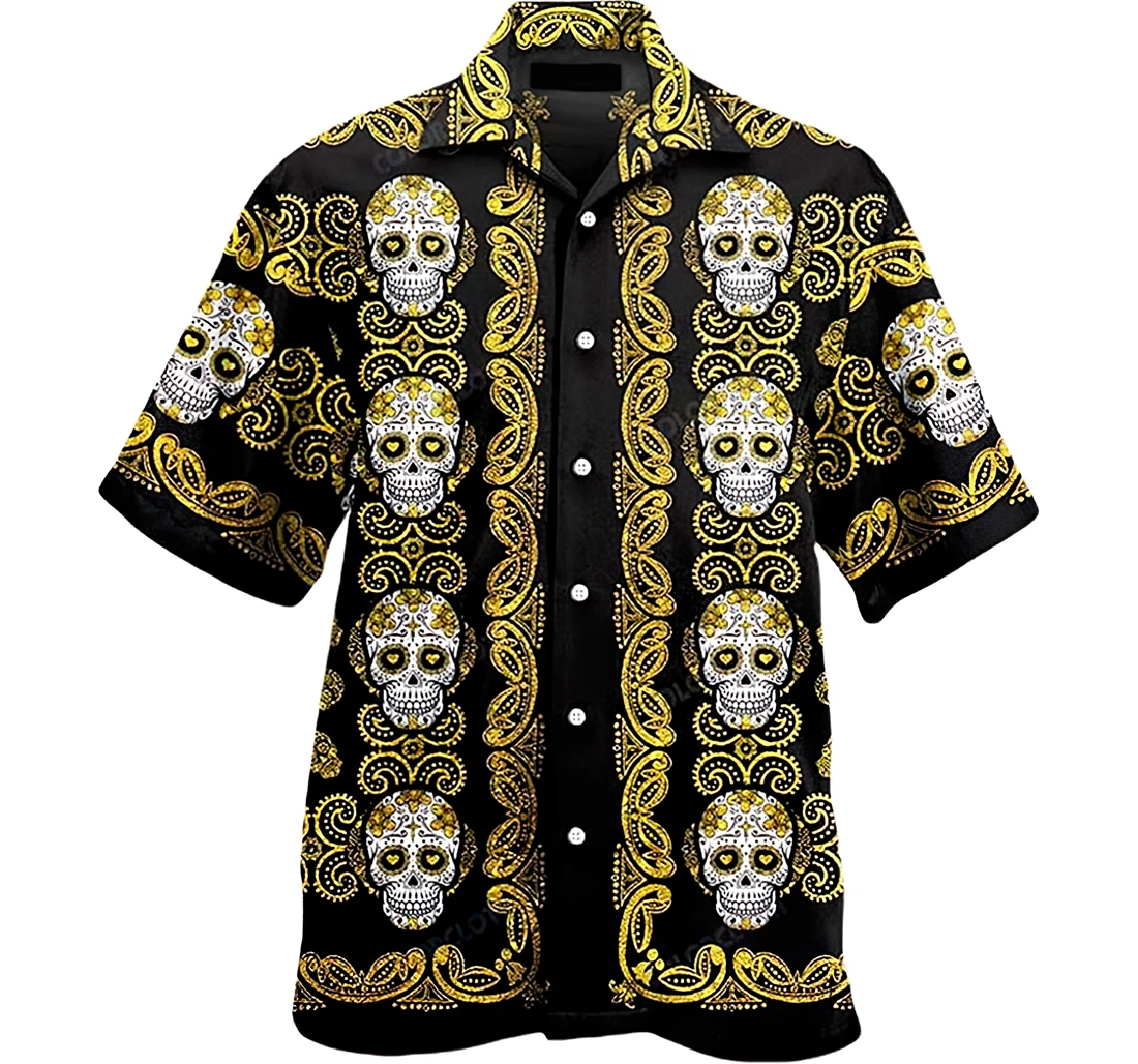Personalized Sugar Skull Golden Short,  Hawaiian Shirt, Button Up Aloha Shirt For Men, Women