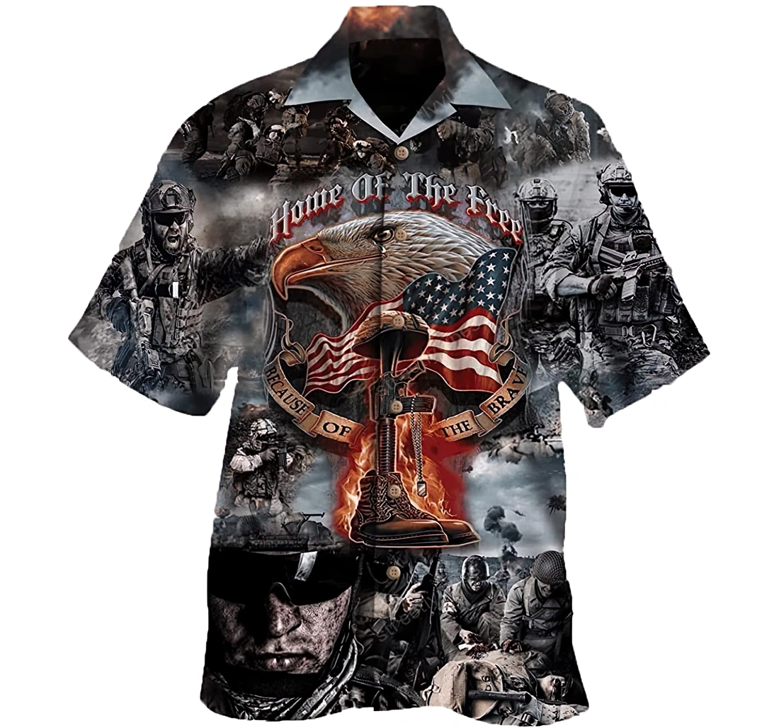 Personalized Home Of The Free Because Of The Brave Us Military Short,  Hawaiian Shirt, Button Up Aloha Shirt For Men, Women