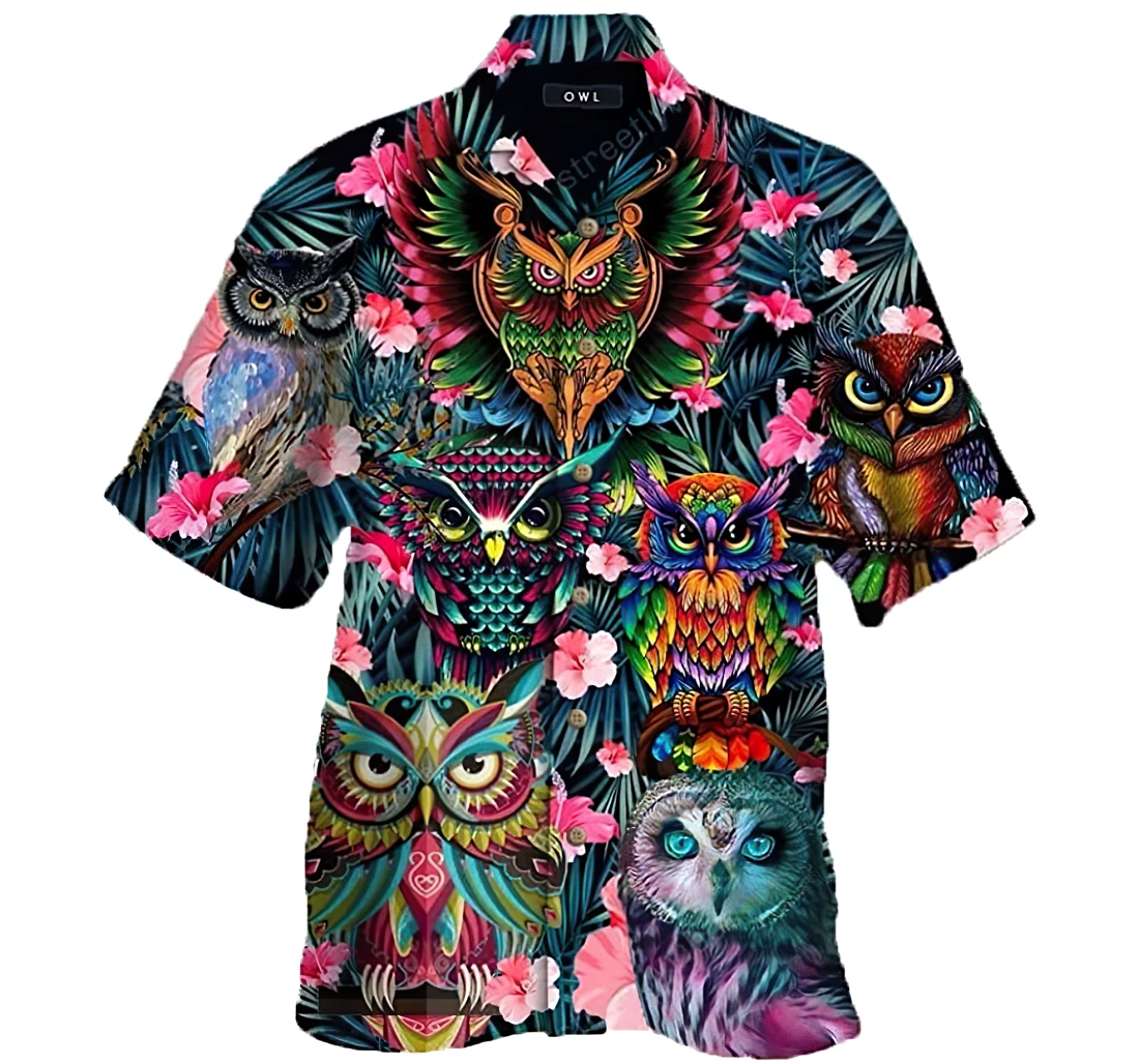 Personalized Colorful Owl Short,  Hawaiian Shirt, Button Up Aloha Shirt For Men, Women