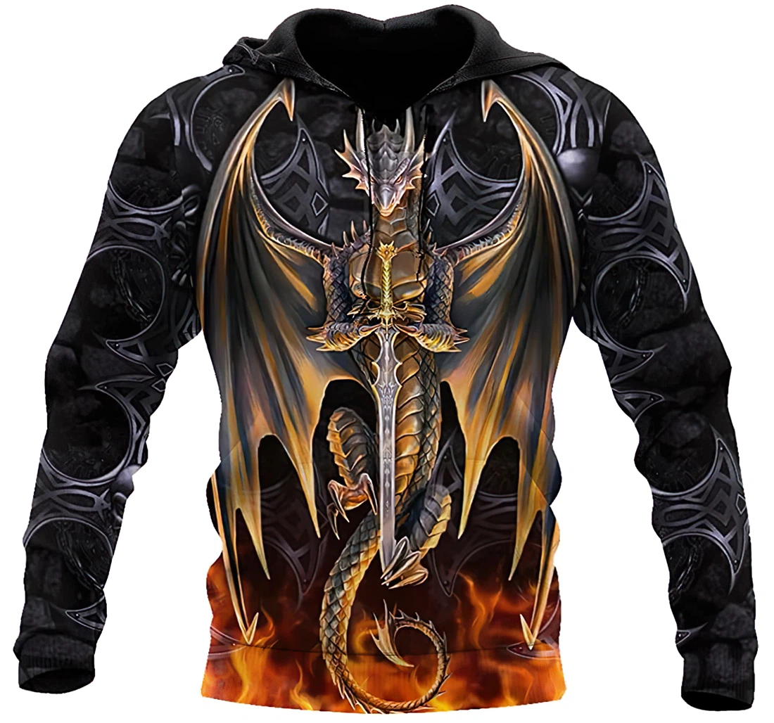 Dragon Gold With Sword Beautiful Included - 3D Printed Pullover Hoodie