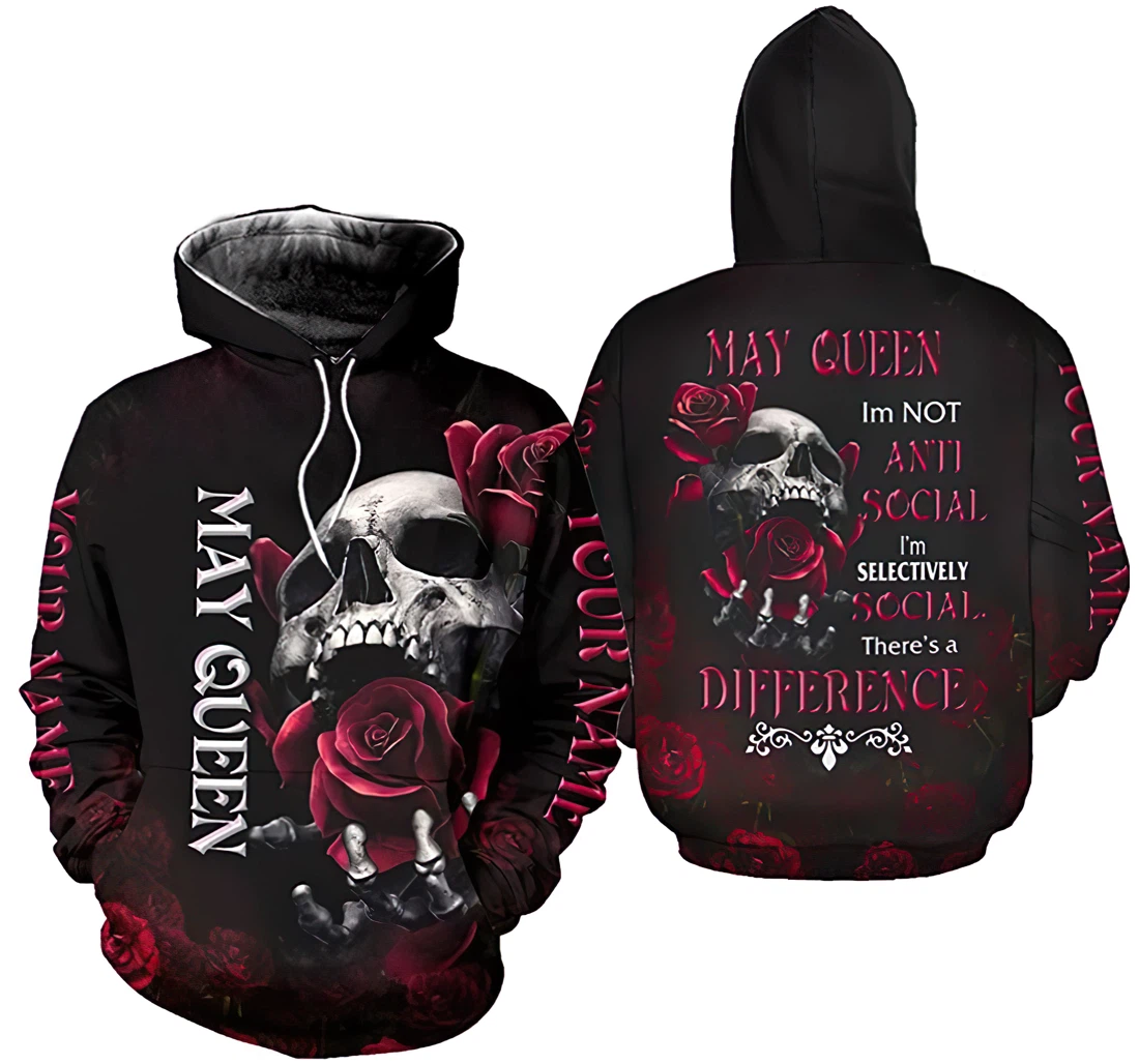 Personalized Name May Girl Skull And Roses I'm Not Anti Social There's A Difference - 3D Printed Pullover Hoodie