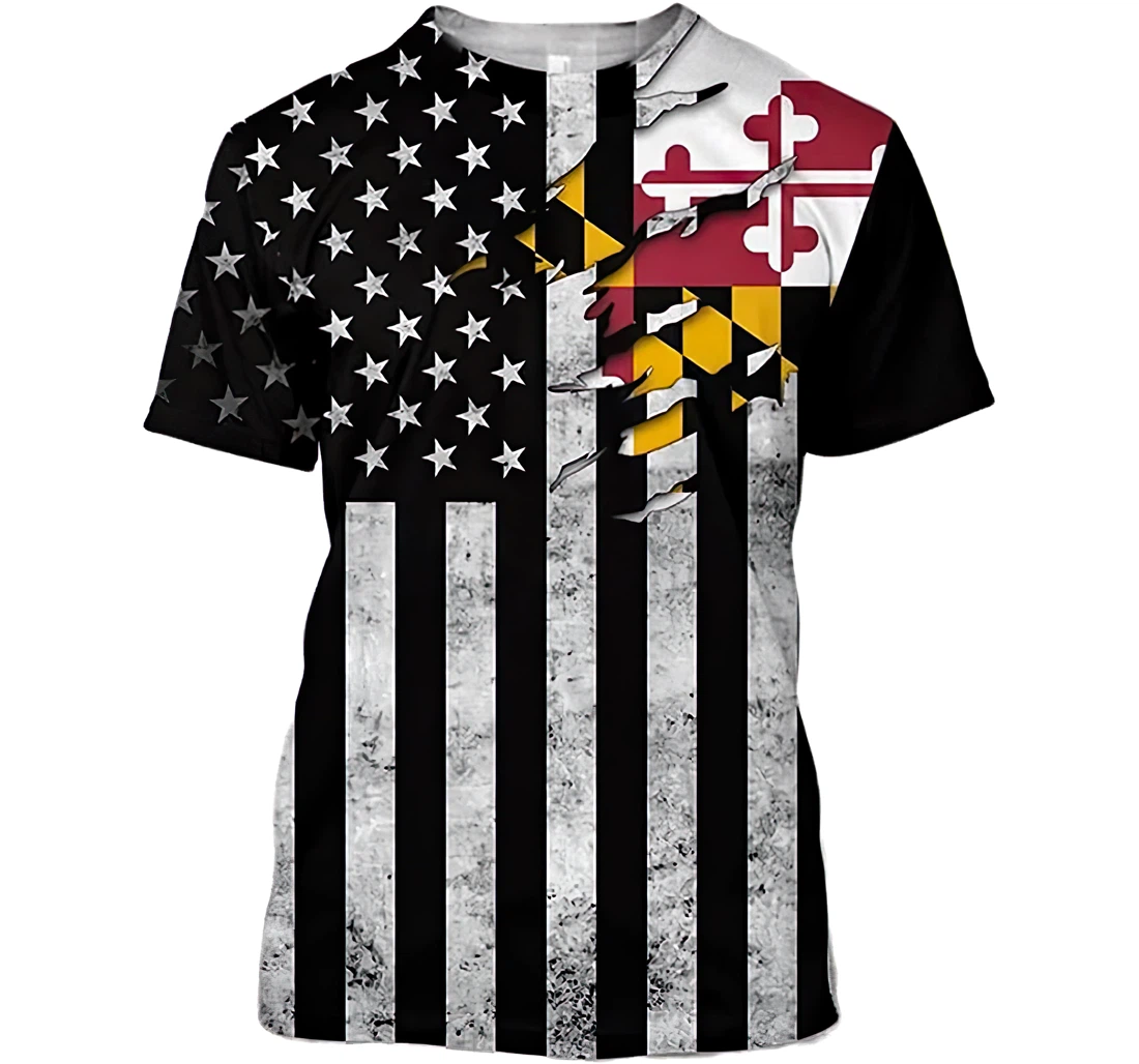 Maryland Flag America Silver And Color Included - 3D Printed T-shirt