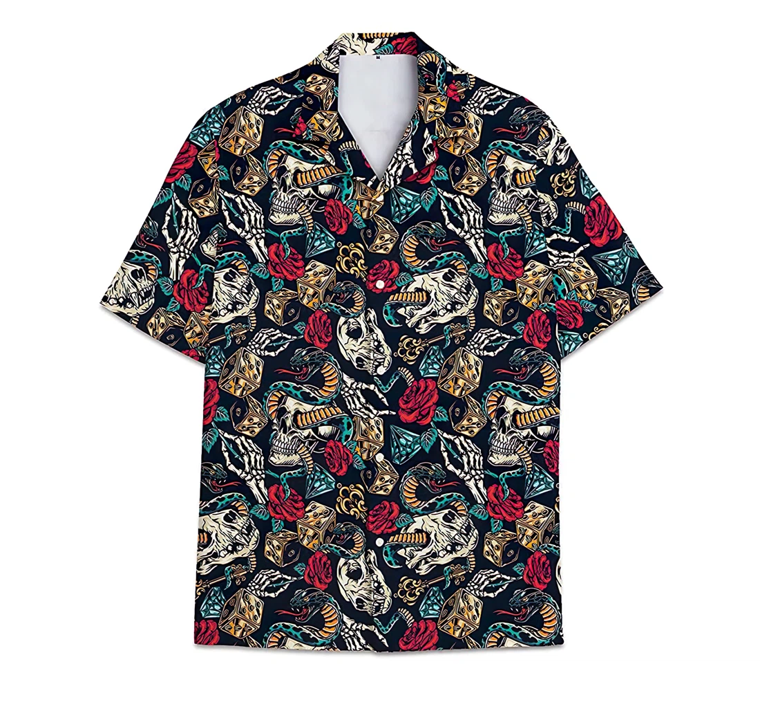 Personalized Skull Rose Snake Short Tall Button Hawaiian Shirt, Button Up Aloha Shirt For Men, Women