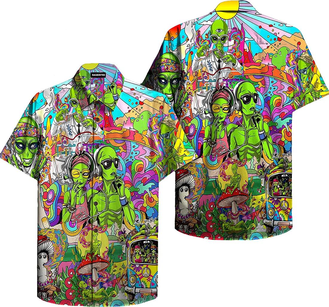 Personalized Hippie Alien Hawaiian Shirt, Button Up Aloha Shirt For Men, Women