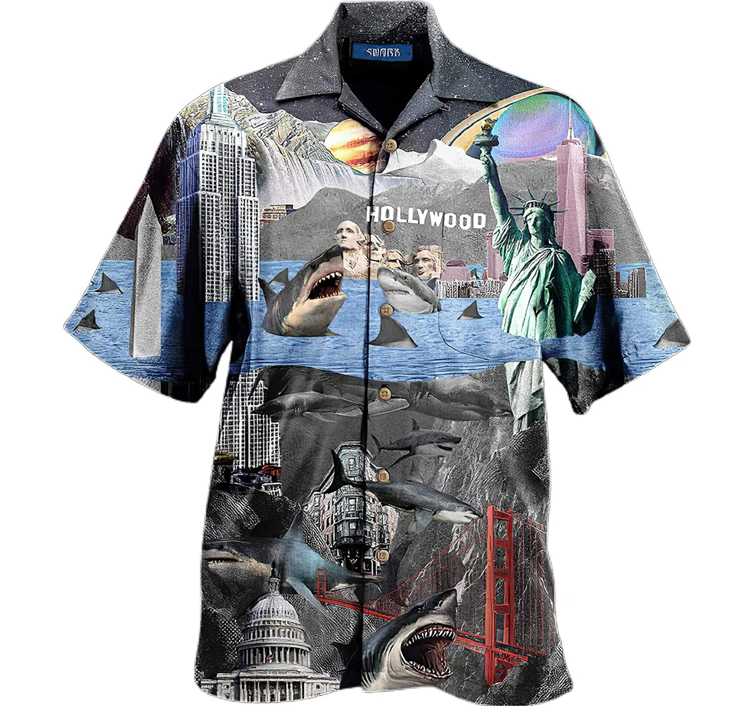 Personalized Day America Is Flooded Sharks Will Become King Collage Art Hawaiin Cotton Summer Vacation Hawaiian Shirt, Button Up Aloha Shirt For Men, Women