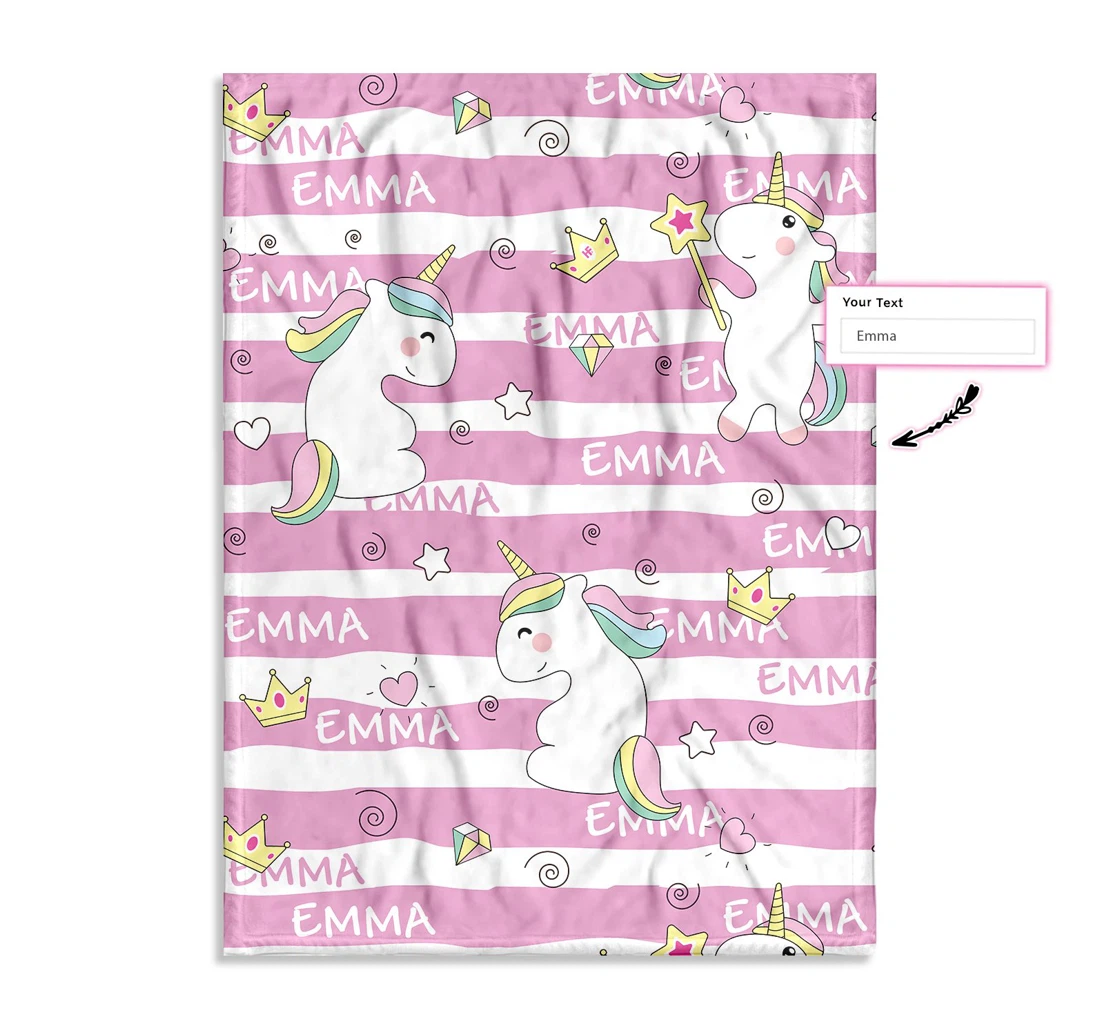 Throw Blanket, Quilt - Personalized Pink Stripe Unicorns Custom Sherpa Fleece