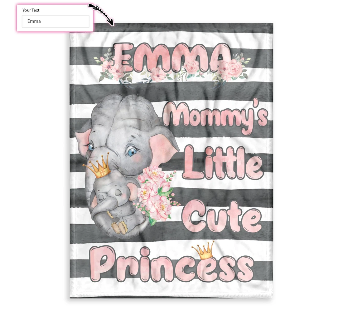 Throw Blanket, Quilt - Personalized Elephant Little Princess Custom Sherpa Fleece