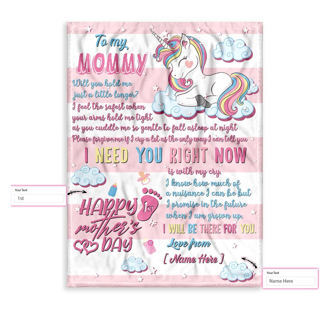 Throw Blanket, Quilt - Personalized Gift From Little Baby To Mommy Happy Mother's Day Cute Little Unicorn 2 Custom Sherpa Fleece