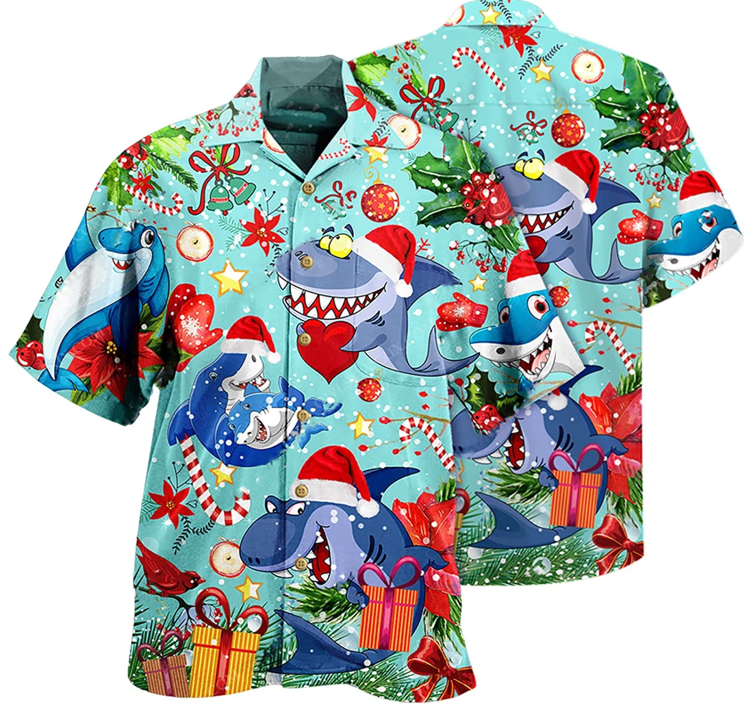 Personalized Christmas Merry Christmas Shark Love Christmas Shirts Hawaiian Shirt, Button Up Aloha Shirt For Men, Women