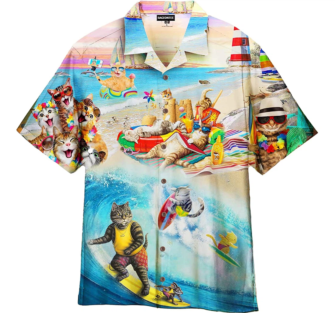 Personalized Happy Surfing Day With Cats Hawaiian Shirt, Button Up Aloha Shirt For Men, Women