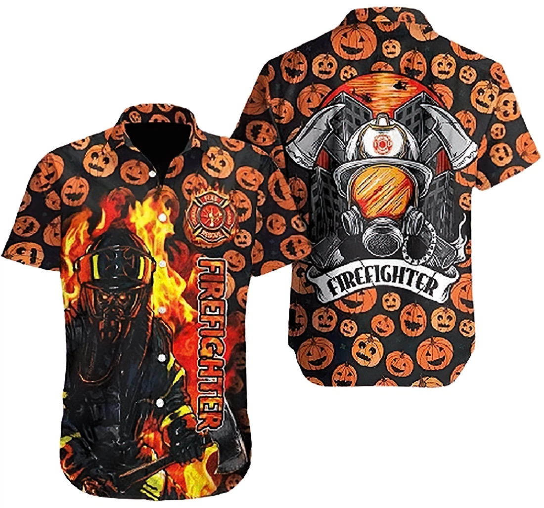 Personalized Firefighter Pumpkin Halloween Up Hawaiian Shirt, Button Up Aloha Shirt For Men, Women
