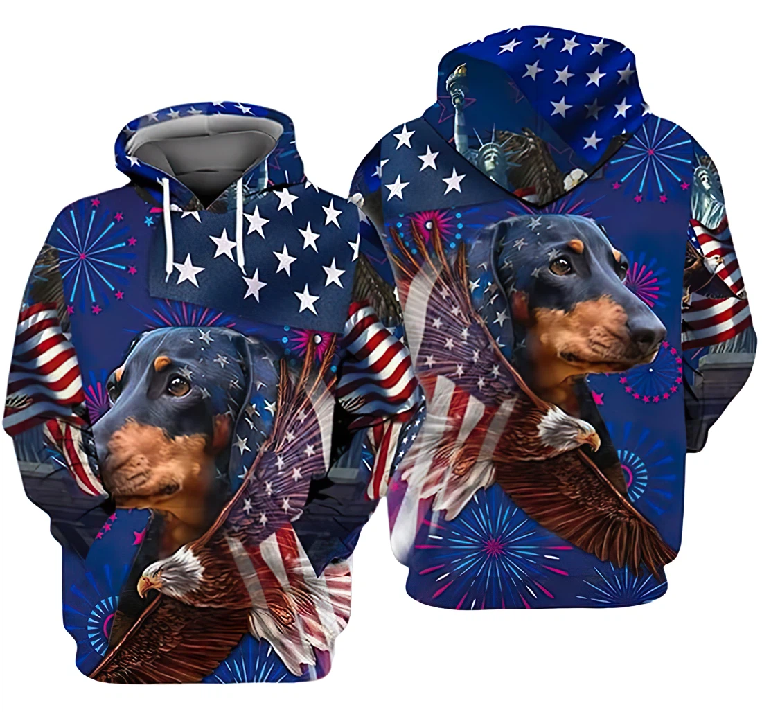 Dachshund Fireworks Independence Day Us Flag And Eagle 2 Included - 3D Printed Pullover Hoodie
