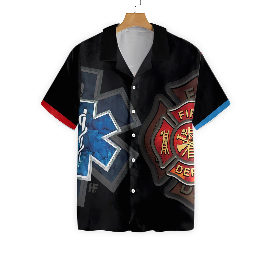 Personalized Firefighter And Paramedic Yin And Yang Firefighter Red Fire Dept Logo And Blue Star Of Life Firefighter Hawaiian Shirt, Button Up Aloha Shirt For Men, Women