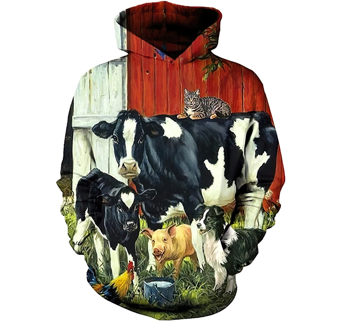 Farmer Cow Big Chicken And Dog Lightweight Premium Sportwear Up - 3D Printed Pullover Hoodie