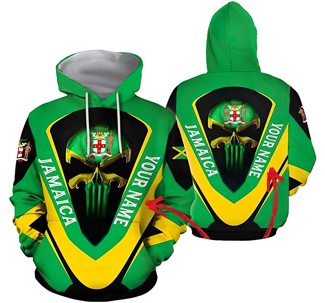 Personalized Name Jamaica Skull Green & Yellow Lightweight Premium Sportwear Up - 3D Printed Pullover Hoodie