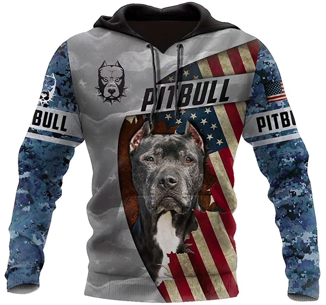 America Pit Bull Terrier With Blue Camo Lightweight Premium Sportwear Up - 3D Printed Pullover Hoodie