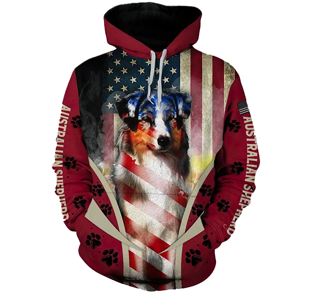 Cute Australian Shepherd Dog Usa Flag Lovers Lightweight Premium Sportwear Up - 3D Printed Pullover Hoodie