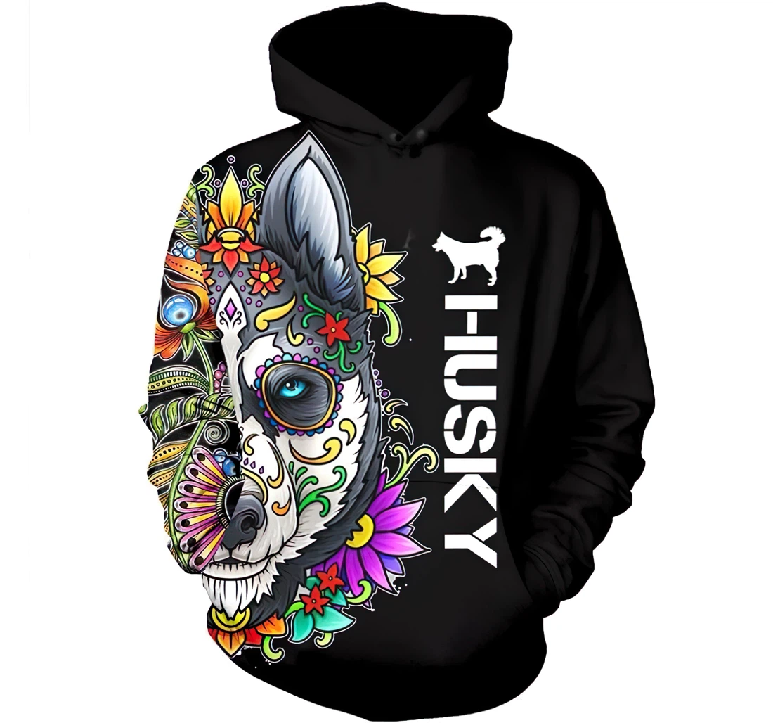 Colorful Husky Dog In Lightweight Premium Sportwear Up - 3D Printed Pullover Hoodie