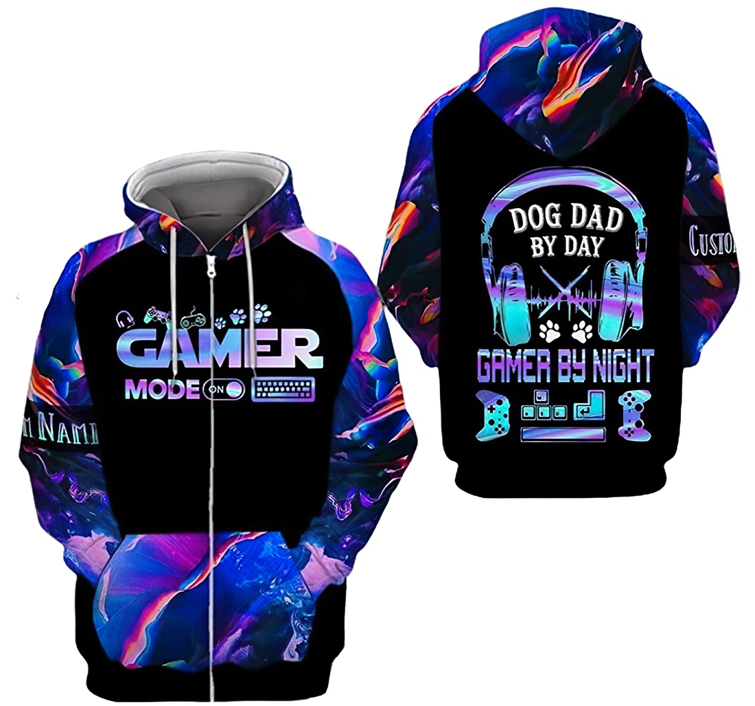 Personalized Name Gamer Mode Dog Dad By Day Gamer By Night Lightweight Premium Sportwear Up - 3D Printed Pullover Hoodie