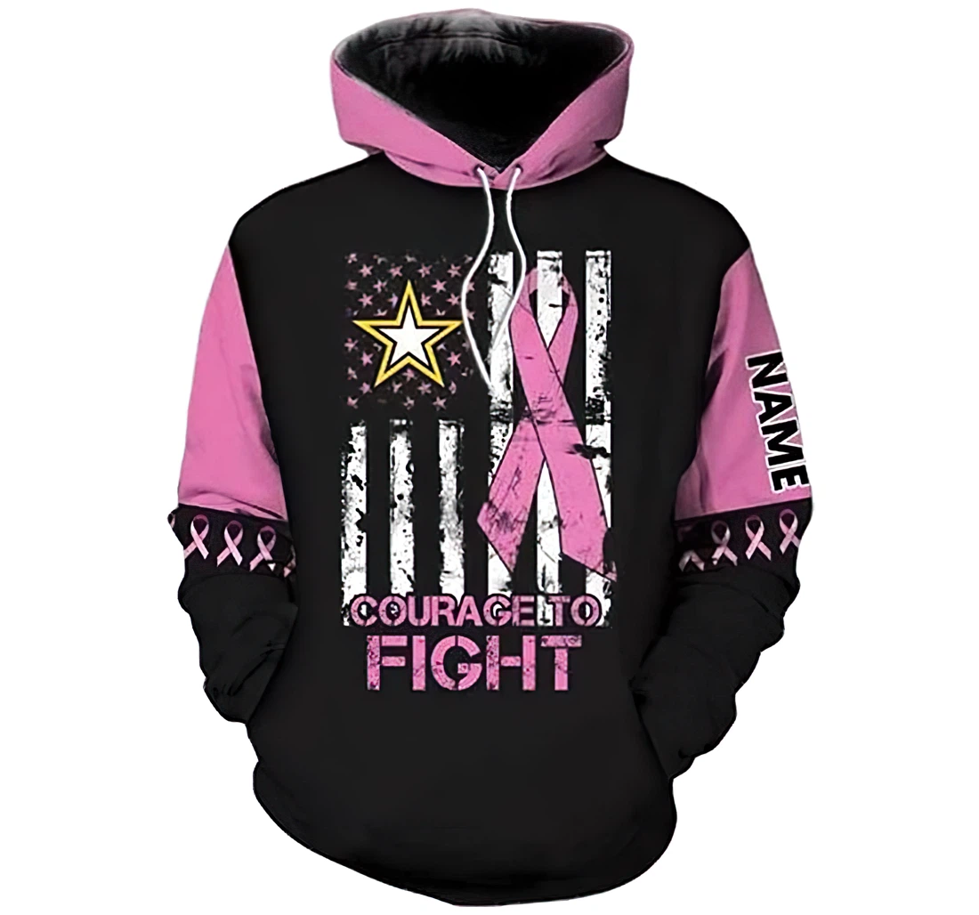 Personalized Name Breast Cancer Awareness Army Courage To Fight Flag Lightweight Sportwear Up - 3D Printed Pullover Hoodie