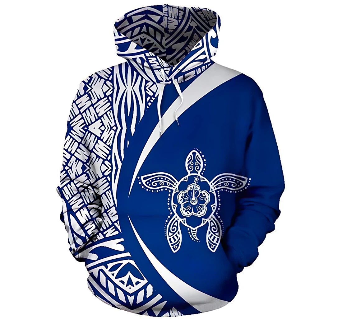 Hawaii Turtle Polynesian Circle Style White And Blue Color Man And Woman - 3D Printed Pullover Hoodie