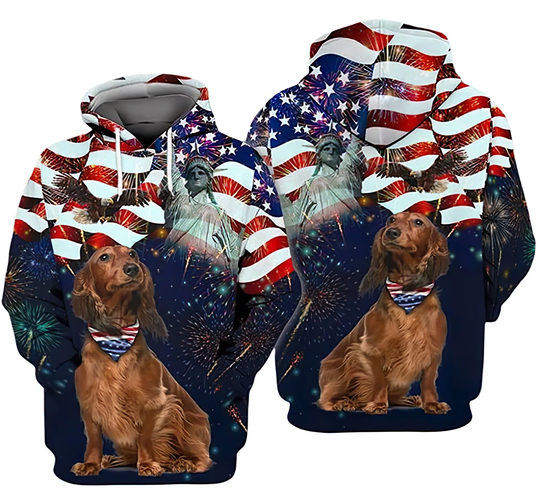 Brown Dachshund Fireworks Independence Day Us Flag Eagle And Liberty Included - 3D Printed Pullover Hoodie