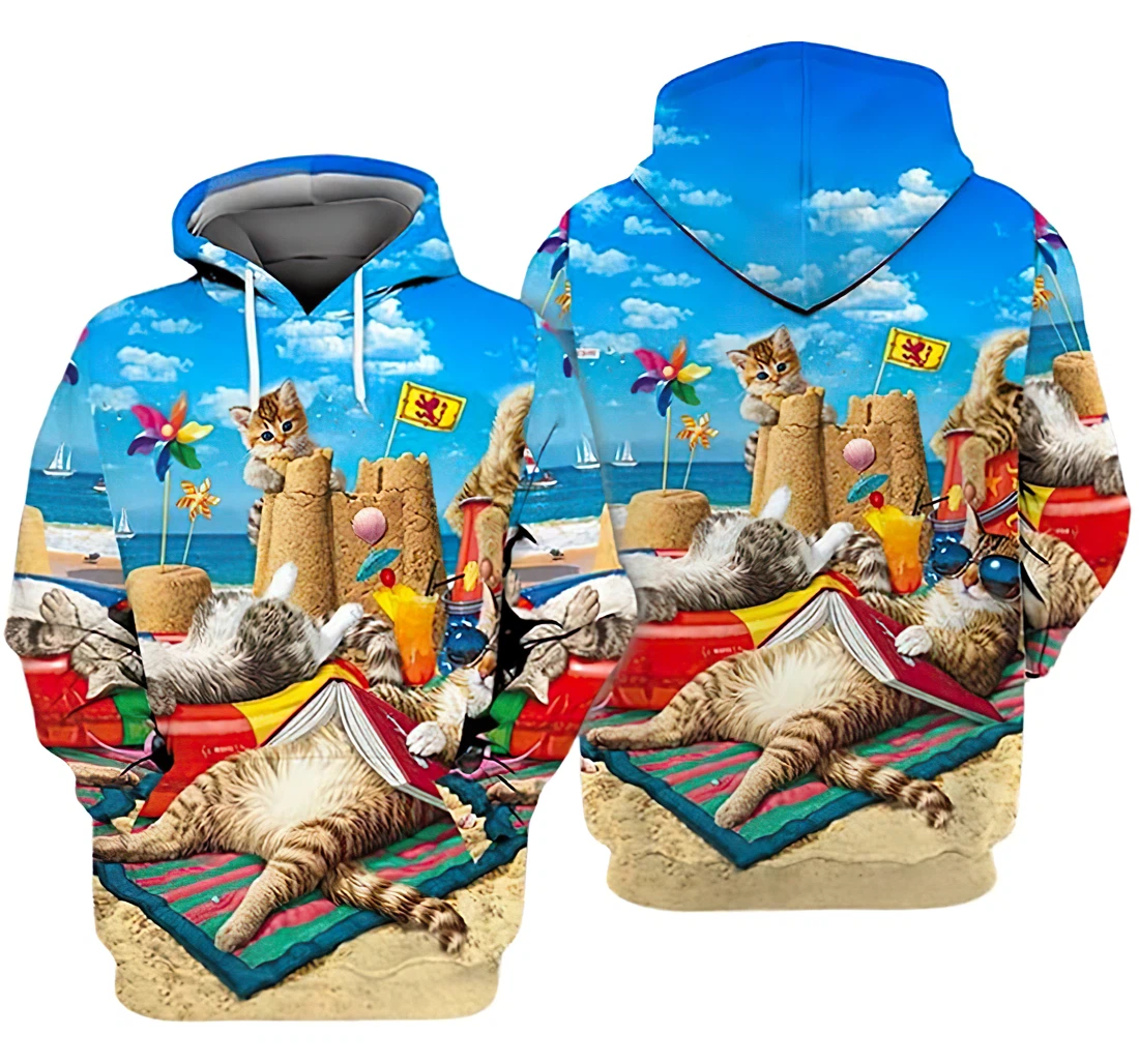 Cats Family Beach Summer Vacation - 3D Printed Pullover Hoodie