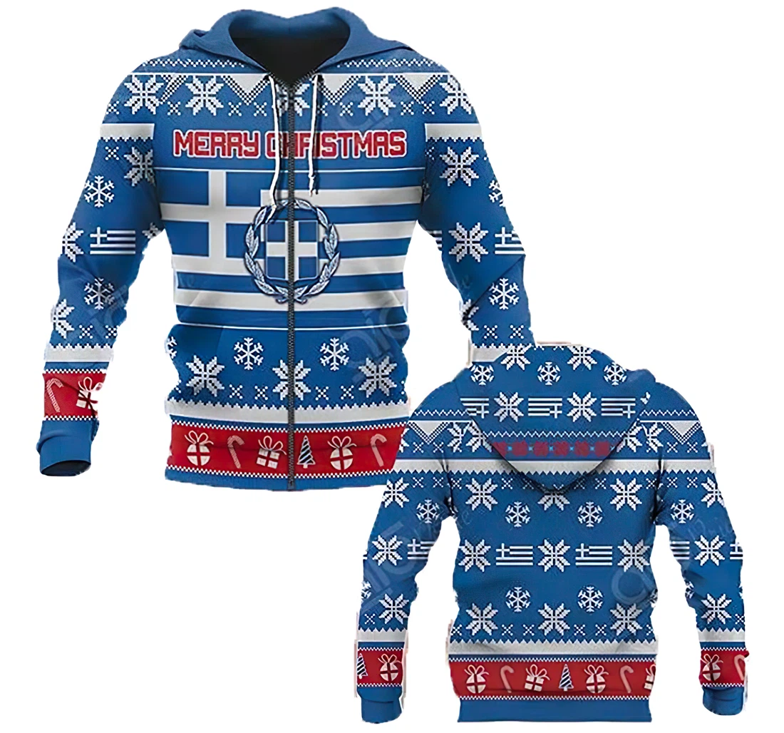 Greece Coat Of Arms & Flag Merry Christmas - 3D Printed Pullover Hoodie