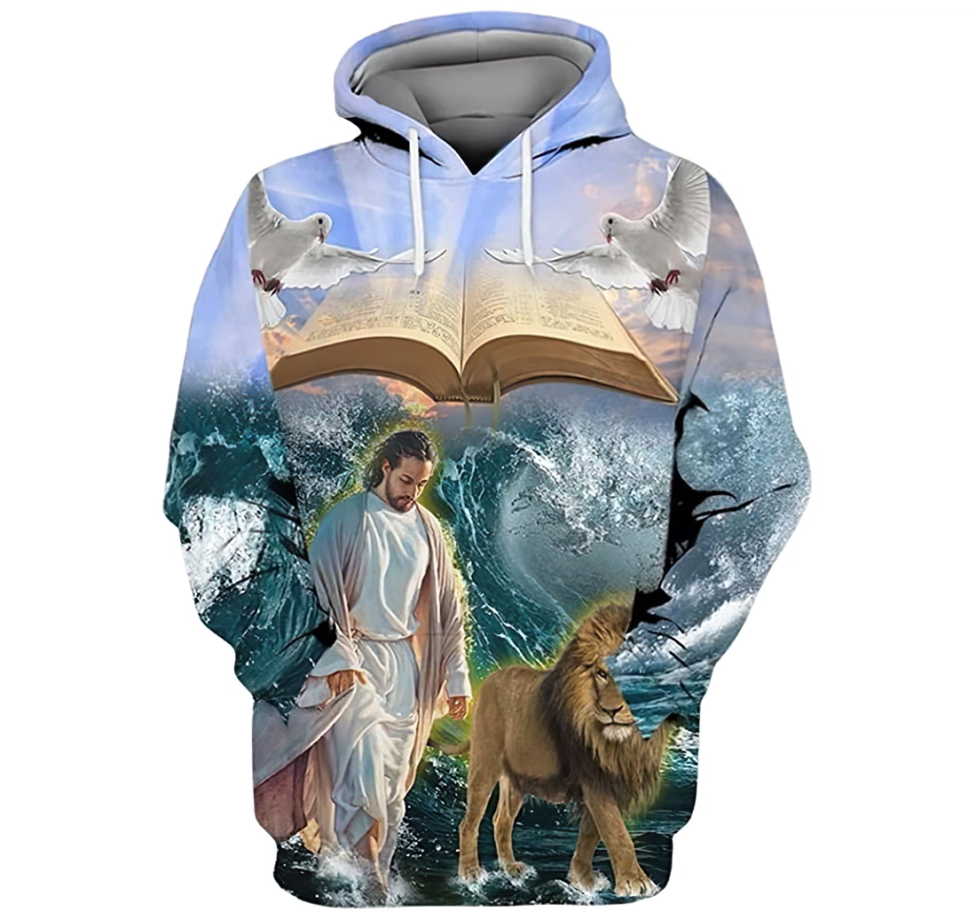 Jesus And Lion Walking On O The Ocean - 3D Printed Pullover Hoodie