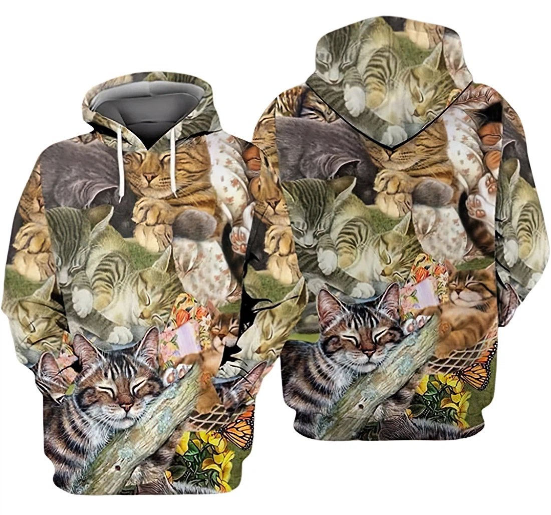 Sleeping Cat Flower And Butterfly Seamless Pattern - 3D Printed Pullover Hoodie