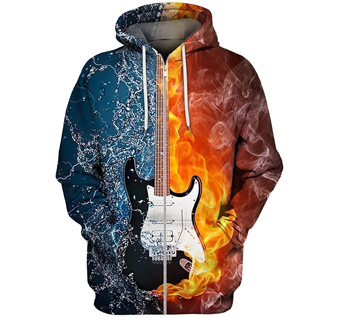 Guitar Water And Fire Background Pattern - 3D Printed Pullover Hoodie