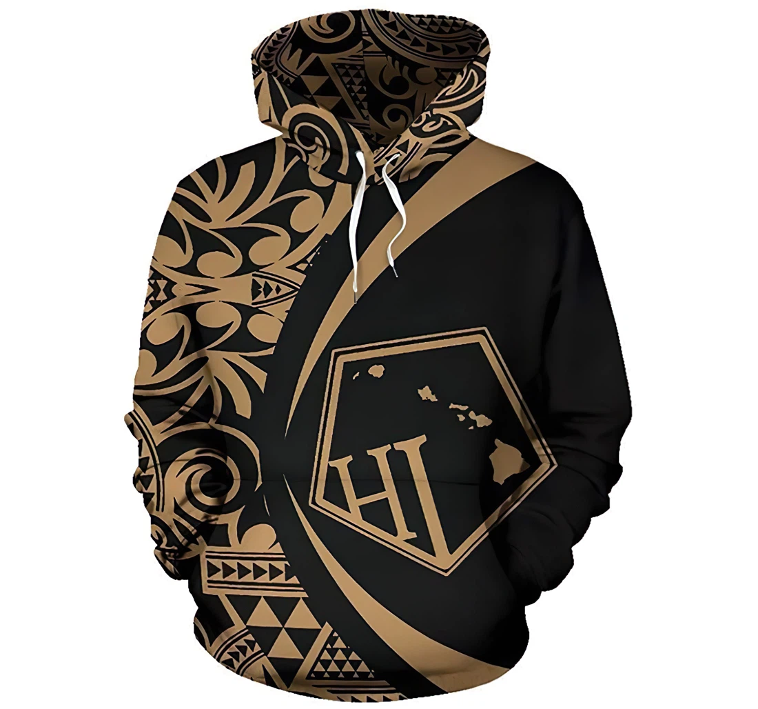 Hawaii Polynesian Tribal - Circle Style Golden Color Man And Woman - 3D Printed Pullover Hoodie